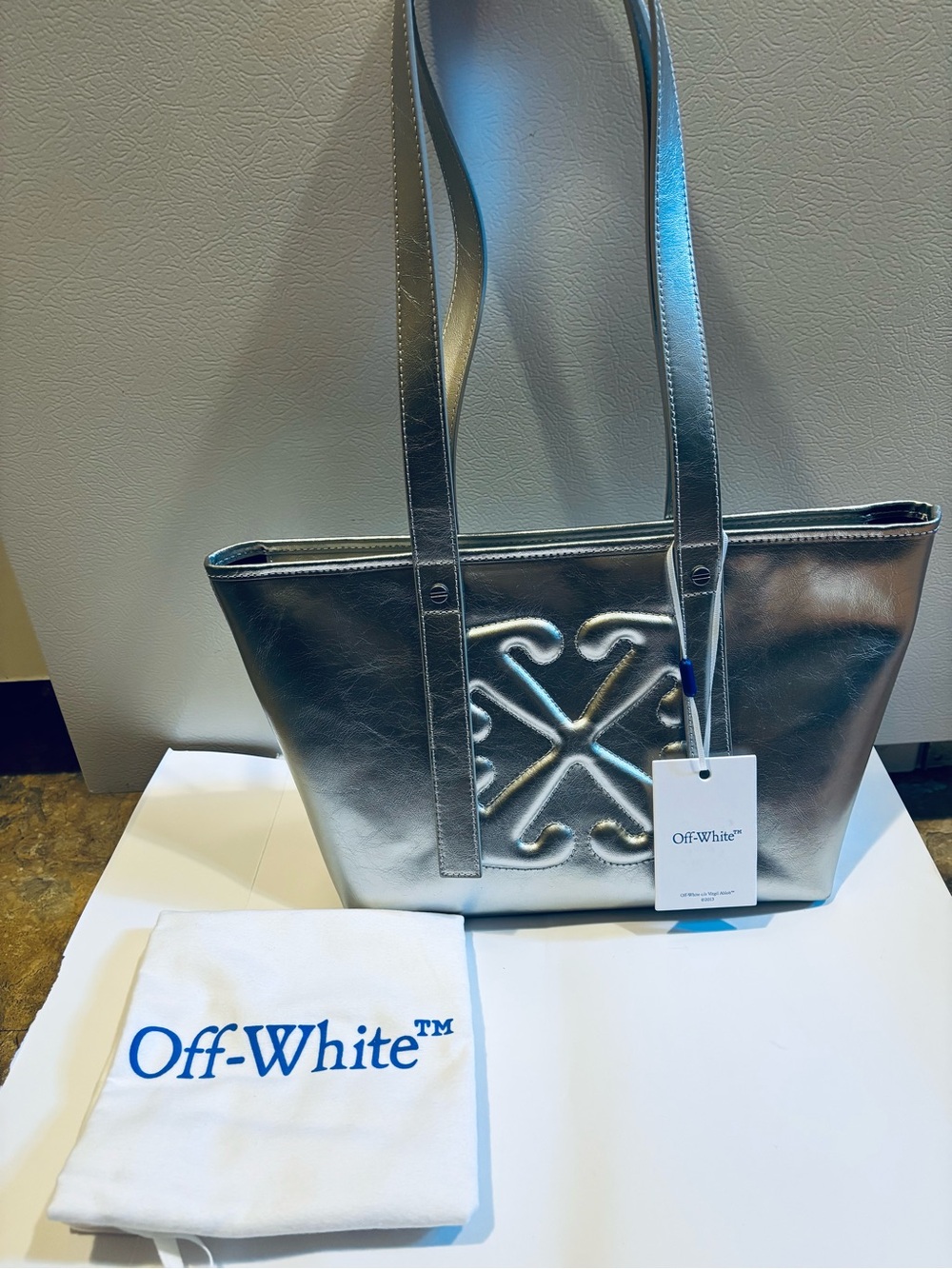 Off-White Silver Metallic Leather Logo Tote